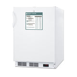 A white, upright commercial freezer with a side handle. A warning and instructions label is on the door, and an electronic digital temperature display is at the bottom right near the vent. The ADA compliant freezer stands alone against a white background.