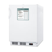 A white, upright commercial freezer with a side handle. A warning and instructions label is on the door, and an electronic digital temperature display is at the bottom right near the vent. The ADA compliant freezer stands alone against a white background.