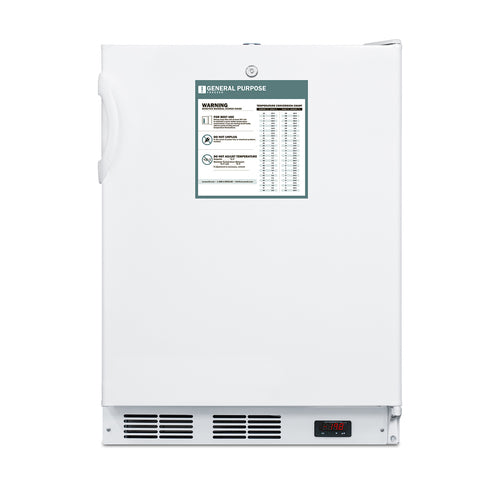 Front view of a white commercial freezer with a handle on the left, a warning label with instructions on the door, ventilation grilles at the bottom, and a digital temperature display reading -23.7°C. The background is plain and white.