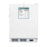 Front view of a white commercial freezer with a handle on the left, a warning label with instructions on the door, ventilation grilles at the bottom, and a digital temperature display reading -23.7°C. The background is plain and white.