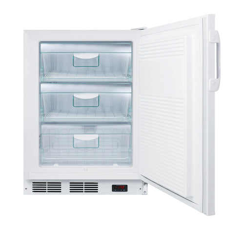 A white upright ADA compliant freezer with its door open, showing three transparent pull-out drawers inside. An air vent, digital display, and control buttons are visible at the bottom front, beneath the drawers. The interior appears clean and empty.