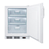 A white upright ADA compliant freezer with its door open, showing three transparent pull-out drawers inside. An air vent, digital display, and control buttons are visible at the bottom front, beneath the drawers. The interior appears clean and empty.