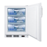 A white, upright commercial freezer with its door open reveals three transparent drawers filled with blue and white containers. The freezer has a digital display at the bottom and a handle on the door. The interior appears organized and well-lit.
