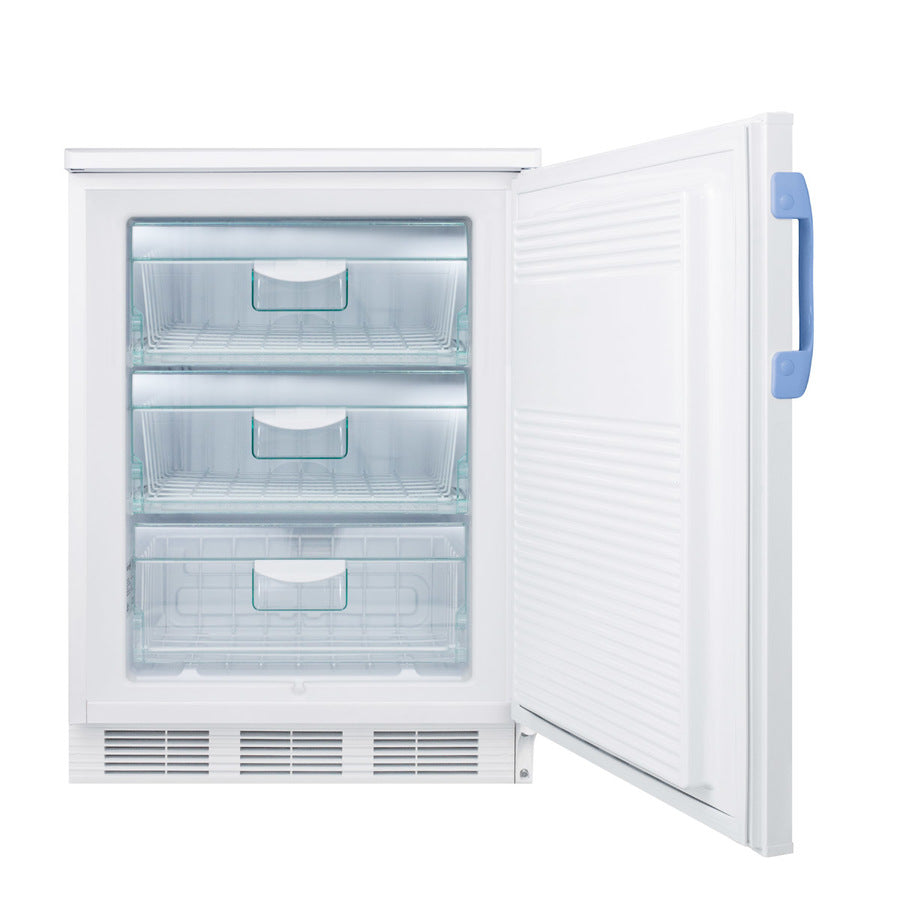 An upright white Accucold Medical Freezer with the door open, showing three clear plastic drawers inside. The door has a blue handle, and the freezer interior is clean and empty. Vents are visible at the base, highlighting its reliable undercounter all-freezer design for convenient storage.
