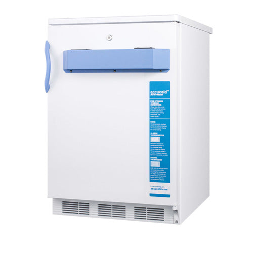 A white Accucold Medical Freezer with a blue handle and a blue label on the front door. The unit is compact and ADA Compliant, featuring a secure lock above the handle and ventilation at the bottom. As an undercounter all-freezer, its sides are plain, highlighting an overall design that is simple and functional.