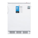 A white, upright Summit Commercial medical freezer with a side handle, vented base, digital thermometer, lock on top, and a blue information label with a temperature chart on the front. The freezer has indicator lights on the top right corner.