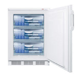 A white upright Accucold undercounter freezer with its door open, showing three transparent drawers filled with blue-tinted plastic containers and ice packs, all organized neatly. The door has a simple handle and textured surface. Designed for reliability as a medical freezer by Summit Commercial, the unit sits on a flat surface.