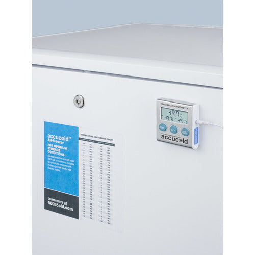 This white Summit Commercial chest freezer features a digital thermometer displaying -19.9°C, ideal for use as a medical freezer. A blue label with storage instructions and a temperature conversion chart are attached to the front. The lid has a lock for added security. The background is plain light blue.