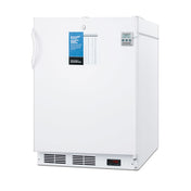 A white, upright medical freezer with a digital display at the bottom, a temperature chart on the door, and a left-side handle. Smooth surface and ventilation grilles near the base. The freezer is photographed on a white background.