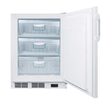 A white, ADA compliant undercounter freezer with its door open, revealing three transparent pull-out drawers inside. The empty medical freezer features a digital control panel at the bottom front and a vertical handle on the right.