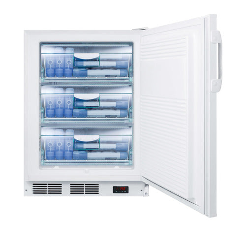 A white upright medical freezer with its door open reveals three transparent drawers filled with organized, labeled blue and white containers. The clean, evenly lit interior includes a small digital display at the bottom front panel.