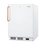 A white, upright Accucold Undercounter All-Freezer features a copper handle, front vent, digital temperature display at the bottom right, and a small lock on the door. The ADA compliant freezer displays “accucold” on the top right of the door.