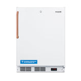 A white Accucold Undercounter All-Freezer with a copper-colored vertical handle on the left. The door displays a blue sticker: For medical storage only, not for personal use. Features a bottom digital temperature display and is ADA compliant.