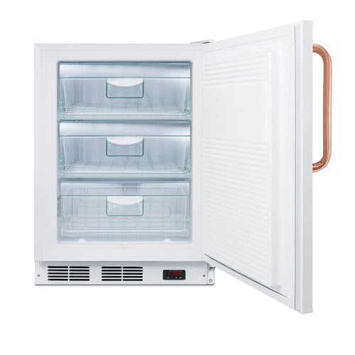 A white Accucold Undercounter All-Freezer with three transparent drawers is shown with its door open, revealing empty interior storage. The inside is lit, and this ADA compliant freezer has a digital control panel and a copper-colored handle on the door.