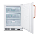 A white Accucold Undercounter All-Freezer with three transparent drawers is shown with its door open, revealing empty interior storage. The inside is lit, and this ADA compliant freezer has a digital control panel and a copper-colored handle on the door.