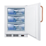 A white Accucold Undercounter All-Freezer with the door open, showing three transparent drawers filled with organized blue ice packs and frozen items. This ADA compliant freezer features a digital display at the bottom and a copper-colored handle.
