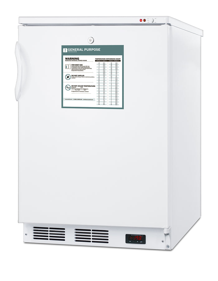 The Accucold All-Freezer is a white upright laboratory freezer with manual defrost, a handle on the left, warning and instruction labels on the door, a digital temperature display at the bottom right, and ventilation grilles below—all set against a plain white background.