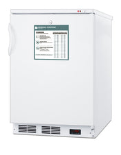 The Accucold All-Freezer is a white upright laboratory freezer with manual defrost, a handle on the left, warning and instruction labels on the door, a digital temperature display at the bottom right, and ventilation grilles below—all set against a plain white background.