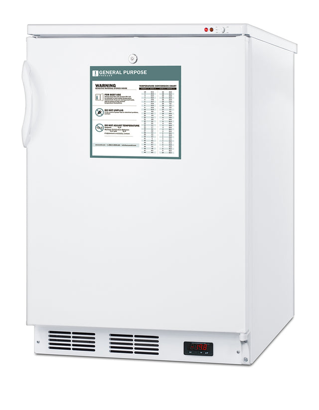 The Accucold All-Freezer is a white upright laboratory freezer with manual defrost, a handle on the left, warning and instruction labels on the door, a digital temperature display at the bottom right, and ventilation grilles below—all set against a plain white background.