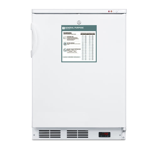 A white, upright Accucold All-Freezer with manual defrost features a left-side handle, digital temperature display at the bottom reading “-28.0,” and a warning label with tables and icons on the upper front door.