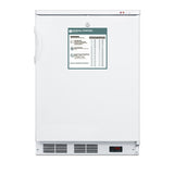 A white, upright Accucold All-Freezer with manual defrost features a left-side handle, digital temperature display at the bottom reading “-28.0,” and a warning label with tables and icons on the upper front door.