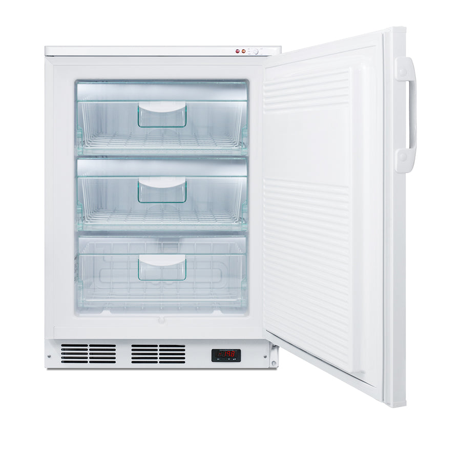 A white Accucold All-Freezer under-counter freezer with its door open, revealing three transparent, empty storage drawers. This counter height freezer features a digital temperature display, interior LED lighting, textured inner door, and manual defrost.