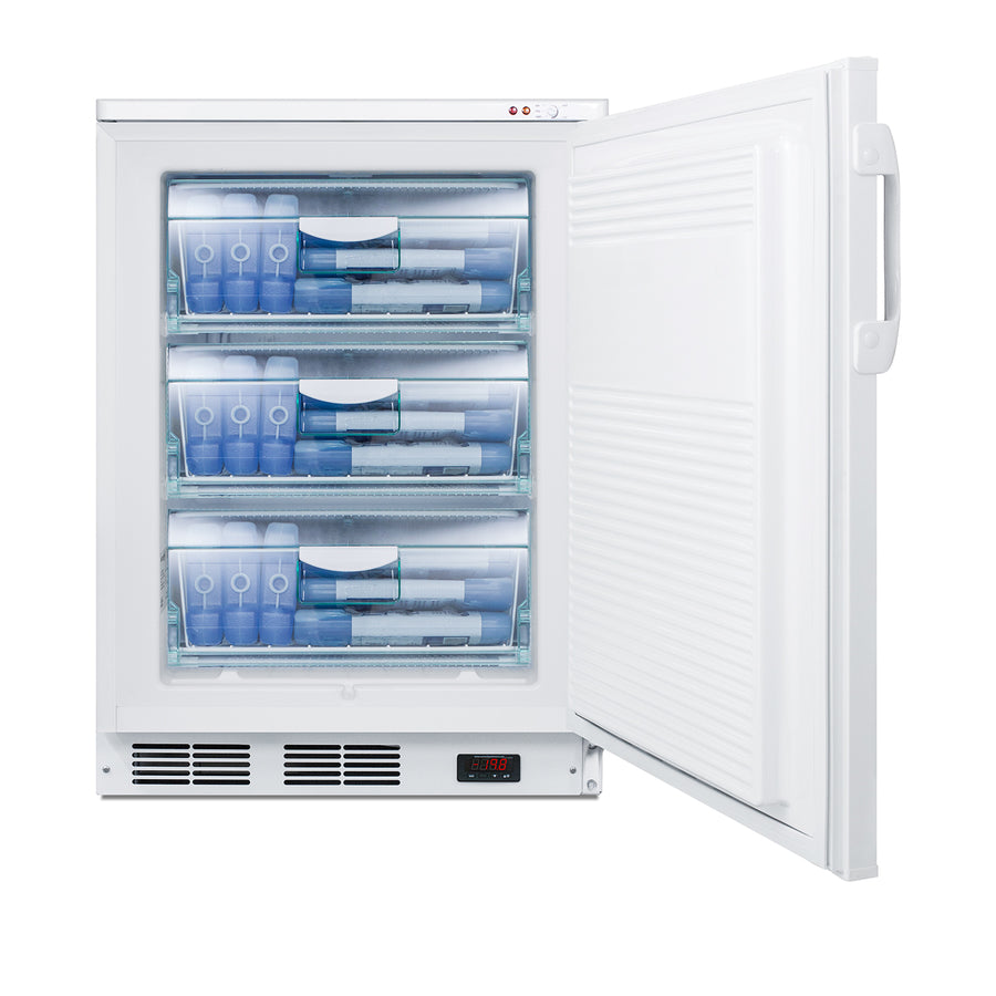 A white Accucold All-Freezer under-counter model with its door open, showing three transparent drawers filled with frozen food and ice packs. The counter height freezer features a frosty interior, manual defrost, and an electronic display panel at the bottom.