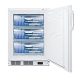 A white Accucold All-Freezer under-counter model with its door open, showing three transparent drawers filled with frozen food and ice packs. The counter height freezer features a frosty interior, manual defrost, and an electronic display panel at the bottom.
