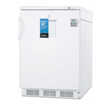 A white Accucold medical freezer with a recessed handle on the left, temperature control display, blue informational label, and ventilation grilles at the base. Two indicator lights sit atop its simple, utilitarian design—ideal as an undercounter freezer.