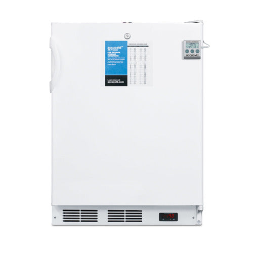 A white upright medical freezer with a left-side handle, digital temperature display at the bottom, temperature chart and information label on the door, and a mounted thermometer on the upper right side of the door.