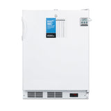 A white upright medical freezer with a left-side handle, digital temperature display at the bottom, temperature chart and information label on the door, and a mounted thermometer on the upper right side of the door.