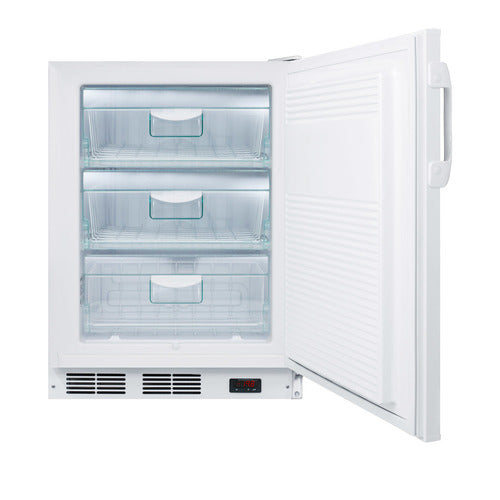 A white, ADA compliant undercounter freezer with its door open, showing three transparent drawers inside. The freezer has a digital display and vent at the bottom. The clean, empty interior is well-lit, with the door hinged on the right side.