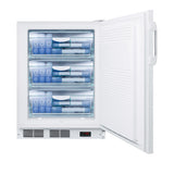 An upright white medical freezer with its door open, showing three transparent drawers filled with organized blue ice packs and frozen items. The inside appears clean and neatly arranged, featuring a vent and a small digital display at the bottom front.