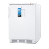 A white, upright Accucold medical laboratory freezer with a single door, side handle, and ventilation grille at the bottom. The front displays a label with information and a chart; the top right corner has two status indicator lights (red and green).