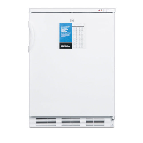 A front-facing white Accucold upright freezer, designed for medical use, with a recessed handle on the left, ventilation grille at the bottom, and a blue energy guide label with a chart on the upper center of the door. Two indicator lights are on the top right corner.