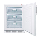 A white Accucold upright freezer with its door open, revealing three empty transparent plastic drawers. This clean, well-lit undercounter freezer features a modern design and vertical handle, ideal for medical or home use.