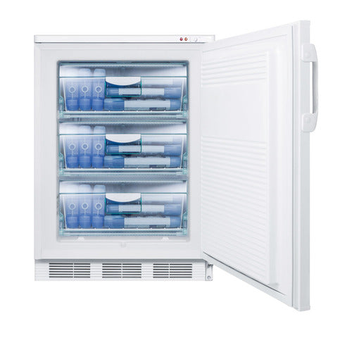 A white Accucold undercounter freezer with its door open, revealing three transparent drawers neatly organized with blue ice packs and medical frozen food items. The interior appears frosty, and the freezer is clean and well-lit.