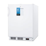 A white, upright medical refrigerator with a side handle, front vent, and digital temperature display at the bottom. A blue and white information sheet is attached to the door. This unit can also function as an ADA compliant freezer, making it ideal for accessible medical environments. The refrigerator is set against a plain white background.