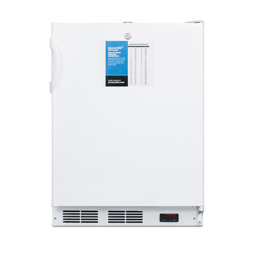 A white, upright medical freezer with a handle on the left, a blue information label near the top, and a digital temperature display at the bottom right. The front vent is visible at the base. This ADA compliant freezer stands against a plain white background.