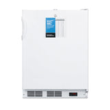 A white, upright medical freezer with a handle on the left, a blue information label near the top, and a digital temperature display at the bottom right. The front vent is visible at the base. This ADA compliant freezer stands against a plain white background.