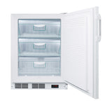 A white upright undercounter freezer with its door open, showing three transparent drawers inside. The exterior is plain, and the drawers have clear handles. The freezer has a vent and a digital display at the bottom. The interior appears empty and clean, making it suitable as an ADA compliant freezer for convenient access.