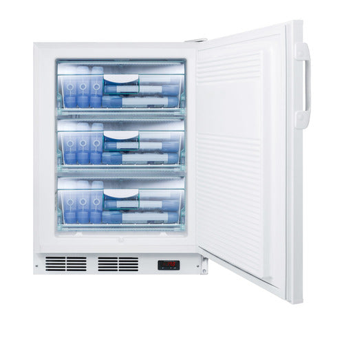 A white upright medical freezer with its door open, revealing three transparent drawers filled with neatly arranged blue ice packs or cooling packs. The freezer’s interior and shelves are clean, and a vent is visible at the bottom front.