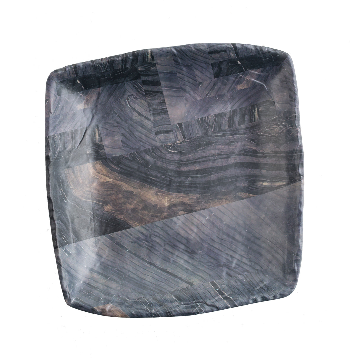 A square, shallow melamine plate with subtly rounded edges, featuring a dark barnwood pattern of black, gray, and deep brown tones for a wood-like texture. The slightly glossy surface sits against a plain white background.