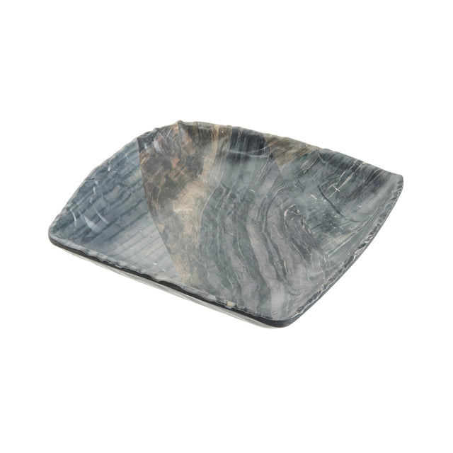 A rectangular, shallow melamine serving tray with gently curved edges. The surface features swirled patterns in gray, black, and subtle brown tones for a marbled look, resembling barnwood pattern. The background is white.