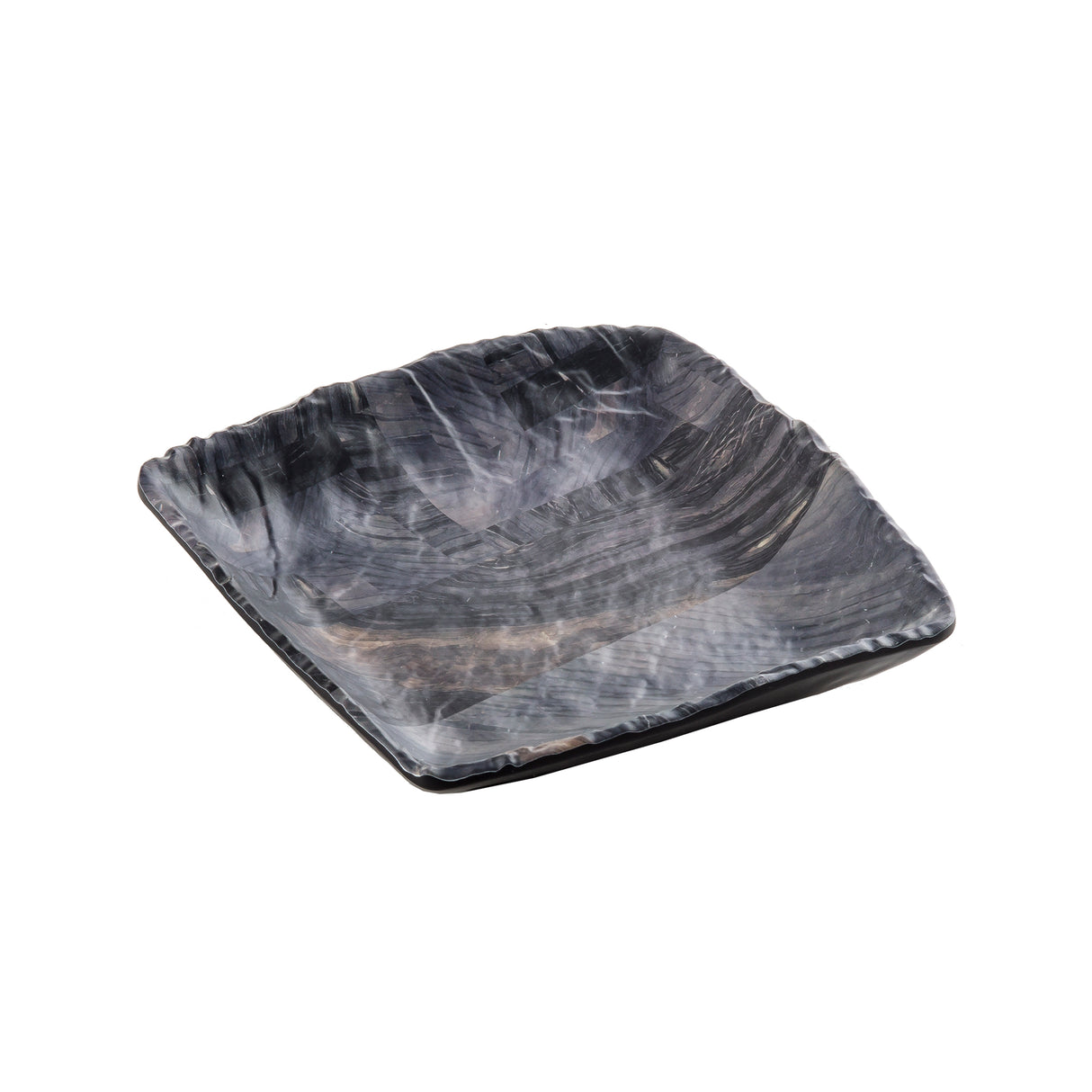 A square, shallow serving tray with rounded corners and a glossy, marbled black and gray surface. Crafted from durable melamine with a subtle barnwood pattern, it resembles hand-carved stone and is photographed on a white background.