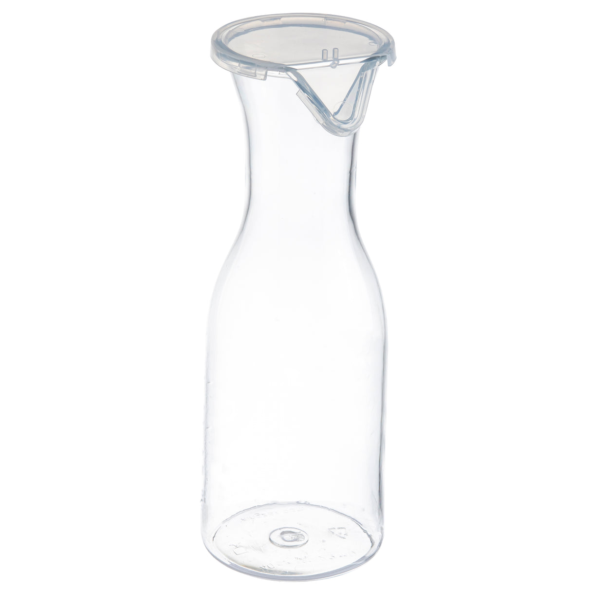 A clear, empty 36 oz polycarbonate carafe with a narrow neck, flared rim, and an attached transparent plastic lid with a spout for easy pouring. The carafe stands upright on a white background, appearing clean and minimalistic.