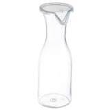 A clear, empty 36 oz polycarbonate carafe with a narrow neck, flared rim, and an attached transparent plastic lid with a spout for easy pouring. The carafe stands upright on a white background, appearing clean and minimalistic.