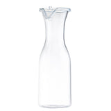 A clear, empty polycarbonate carafe with a narrow neck, rounded base, and a transparent plastic lid with a spout, holding 36 oz, photographed against a plain white background.