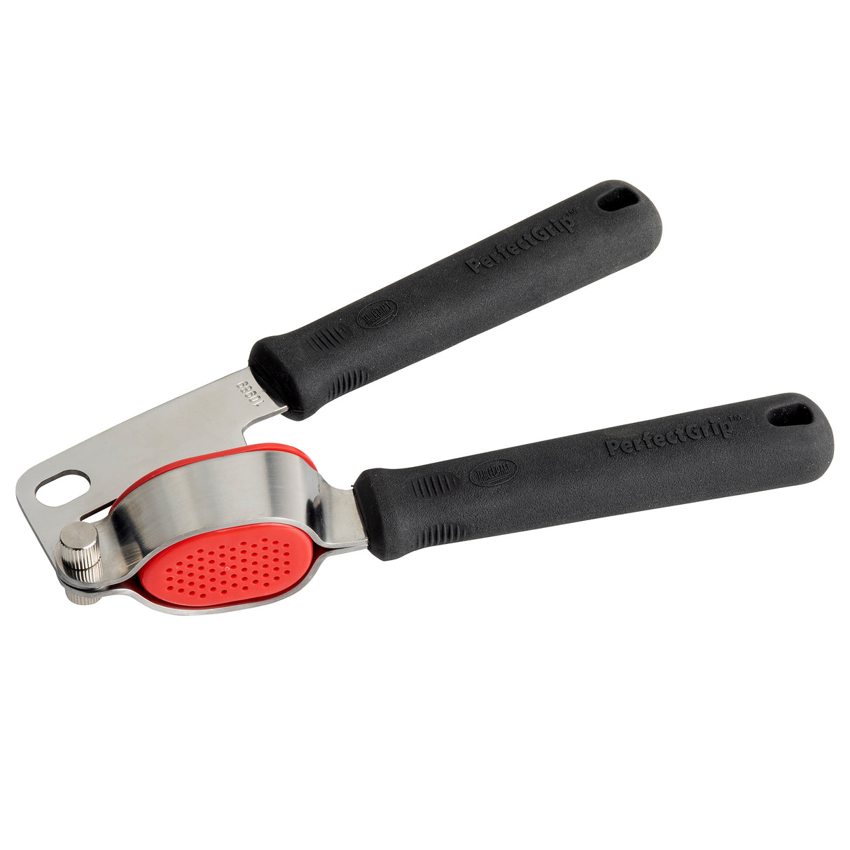 The TableCraft garlic press features stainless steel construction with black ergonomic handles and a red, perforated basket for crushing garlic. Shown on a white background, its handles are extended outward and the crushing basket is open.