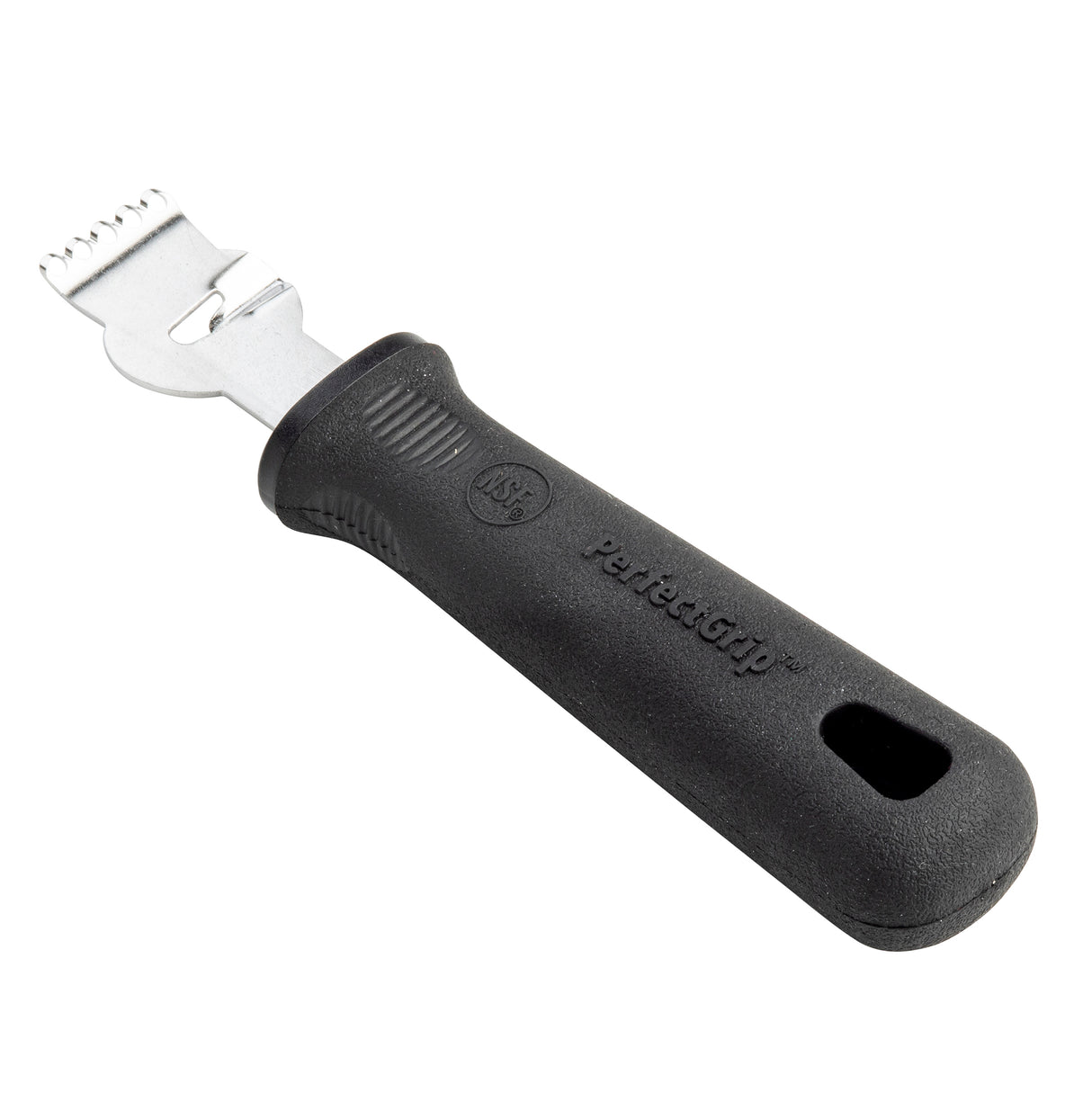 A stainless steel zester tool with a black textured handle. The handle has an oval hole at the end and “Parsagrip” embossed on the side. Its metal head features a small blade with five sharp holes, perfect as a lemon peeler for citrus fruit.